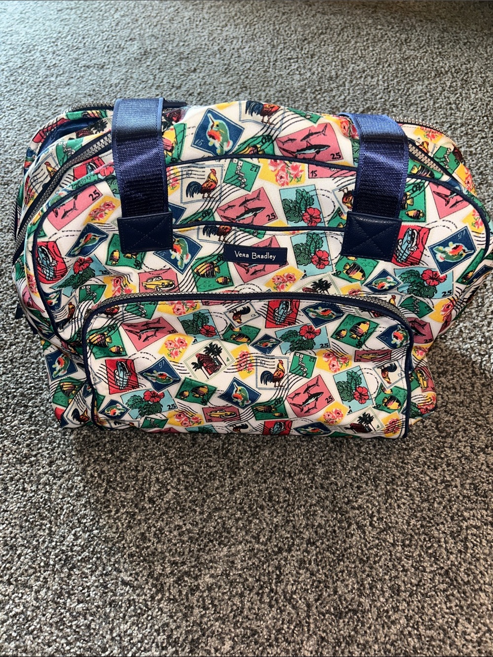Vera Bradley Multicolor Postage Stamp Print Bag with Navy Trim